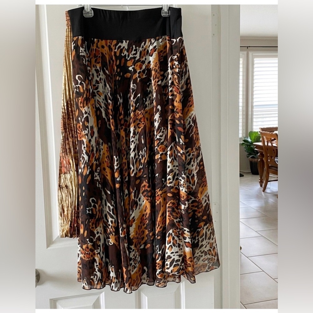 Silk Club Collection flared fall colors & leopard Print Skirt A-Line Maxi SZ M
